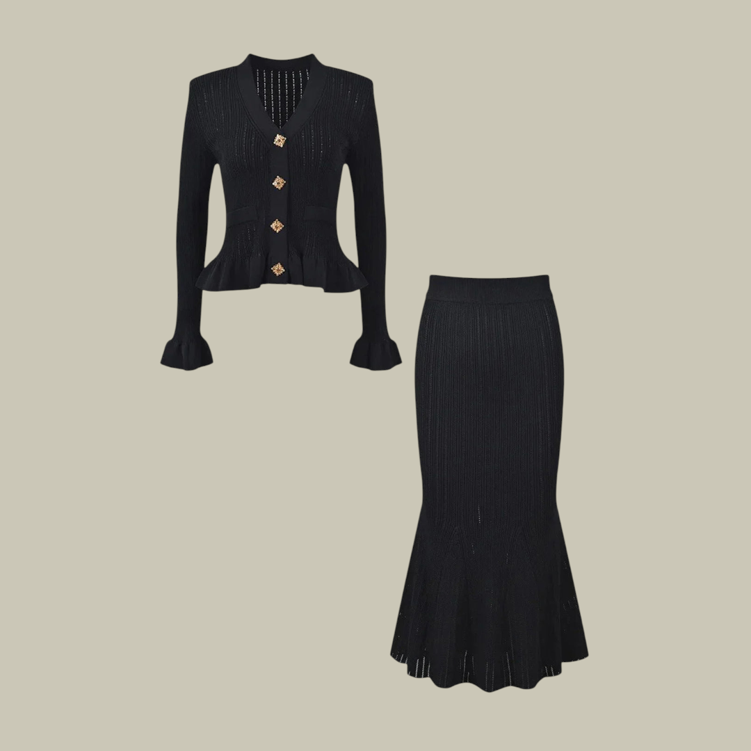 Womens Knit Button Top & Ruffle Skirt Set