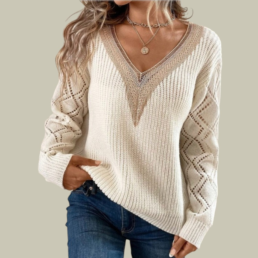 Womens Jumper V-Neck Knitted Beige