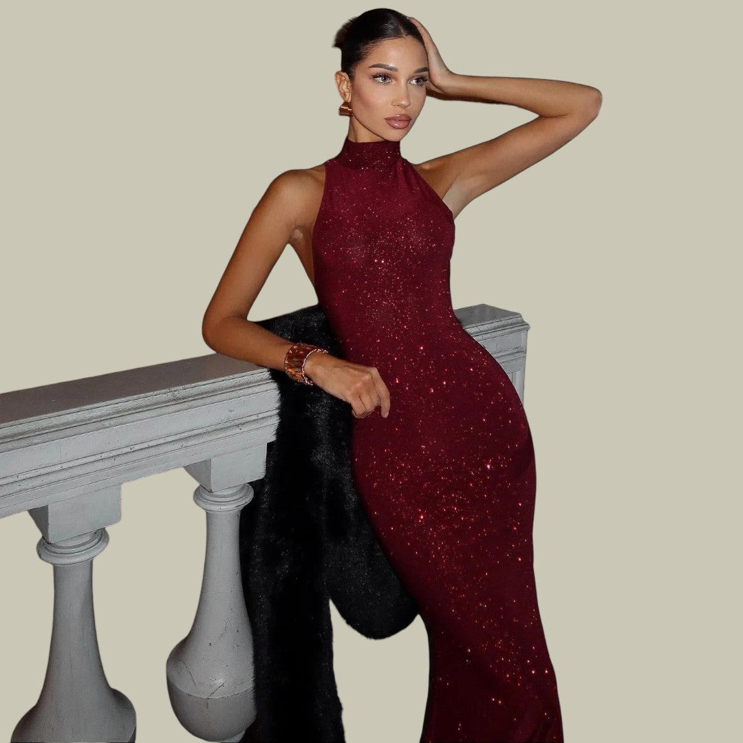 Womens Shimmering High Neck Maxi Dress