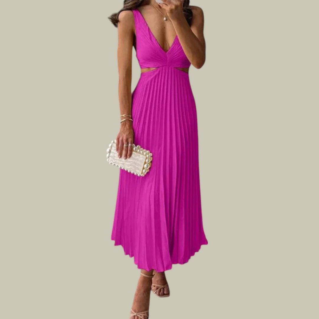 Lux & Classy • Women's Elegant V-Neck Pleated Skirt Dress