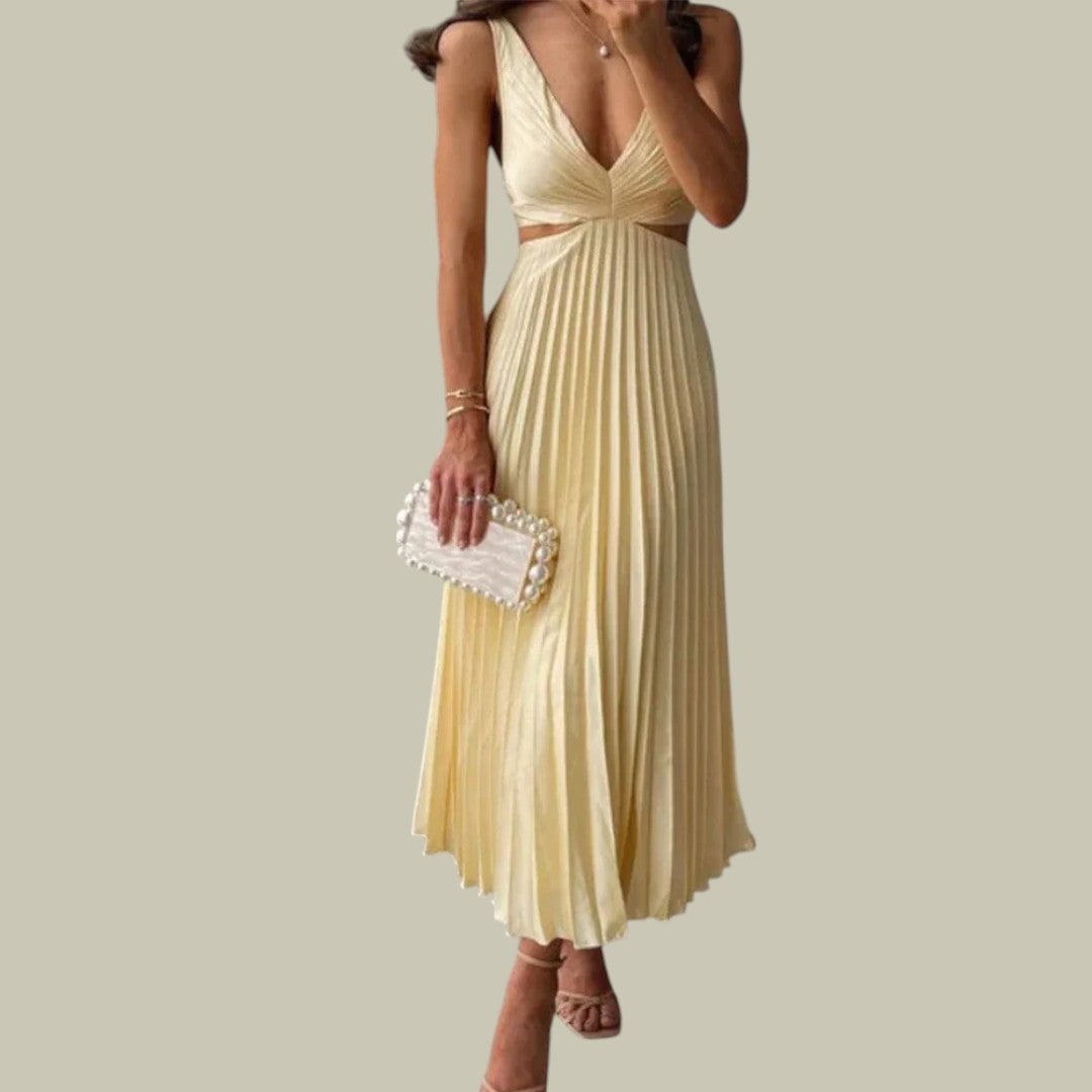 Lux & Classy • Women's Elegant V-Neck Pleated Skirt Dress