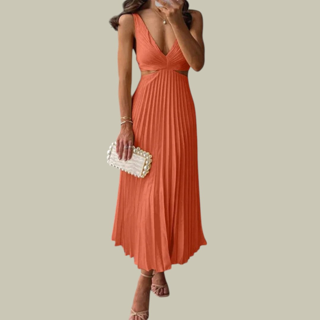 Lux & Classy • Women's Elegant V-Neck Pleated Skirt Dress