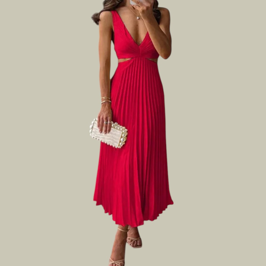 Lux & Classy • Women's Elegant V-Neck Pleated Skirt Dress