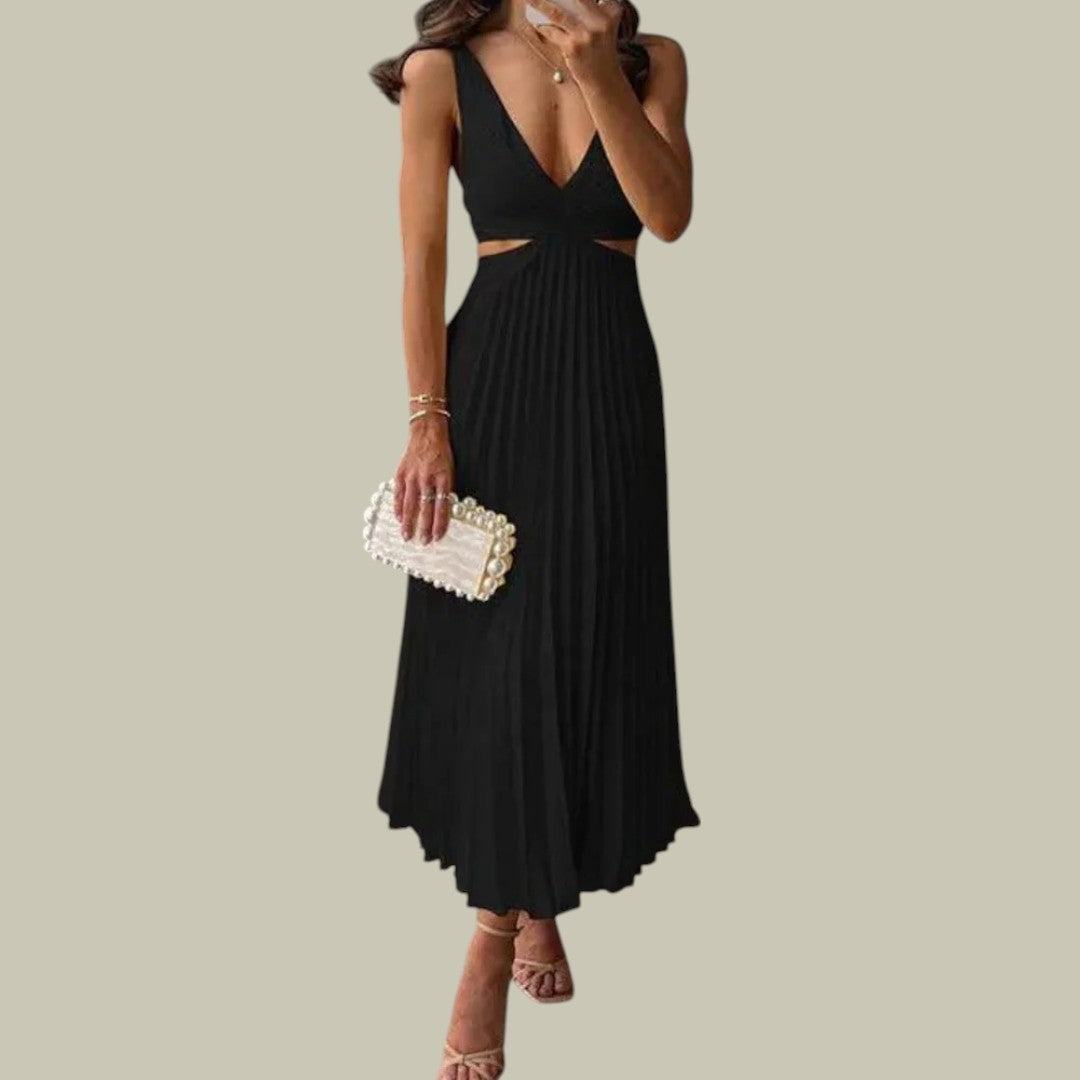 Lux & Classy • Women's Elegant V-Neck Pleated Skirt Dress