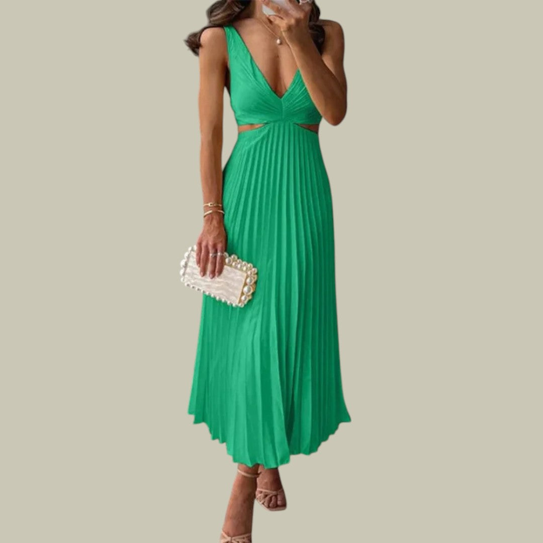 Lux & Classy • Women's Elegant V-Neck Pleated Skirt Dress