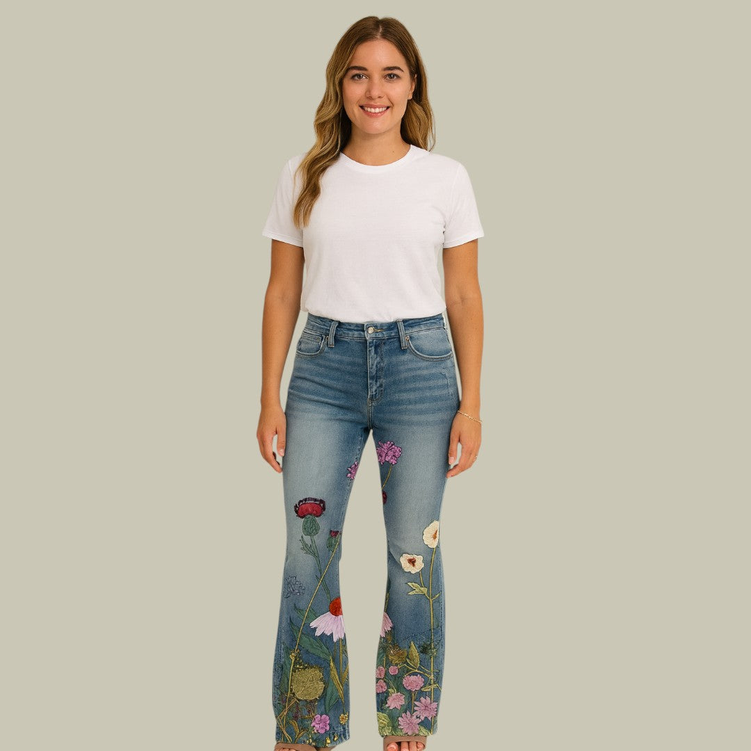 Womens Denim Jeans High Waist Floral