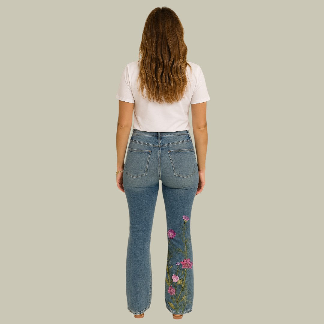 Womens Denim Jeans High Waist Floral