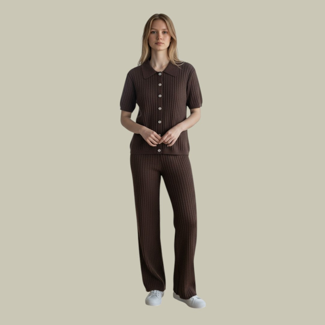 Womens Ribbed Two-Piece Set Brown