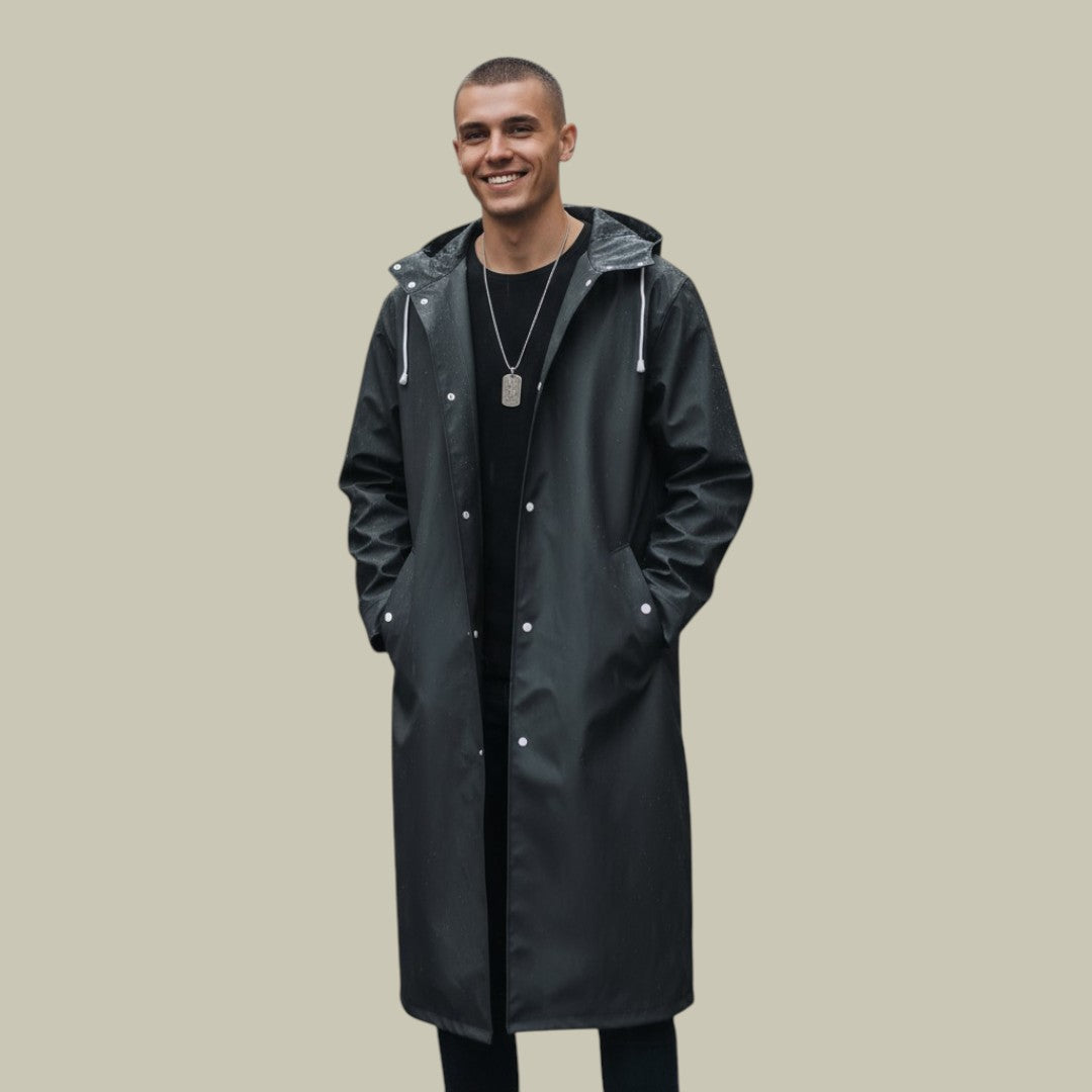 Mens Jacket Long Hooded Waterproof Rain Black
