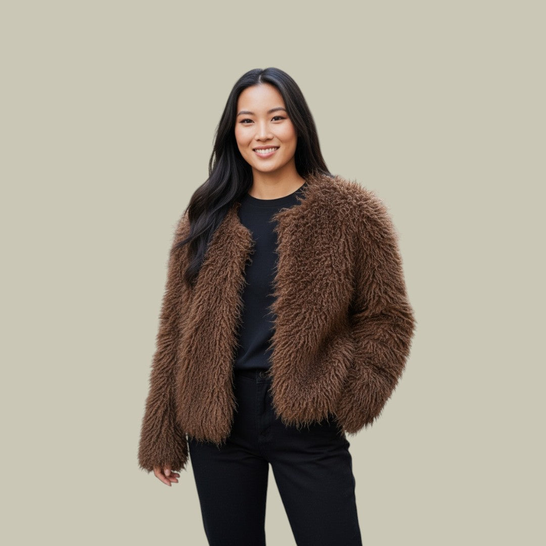 Womens Fluffy Oversized  Fluffy Jacket Brown
