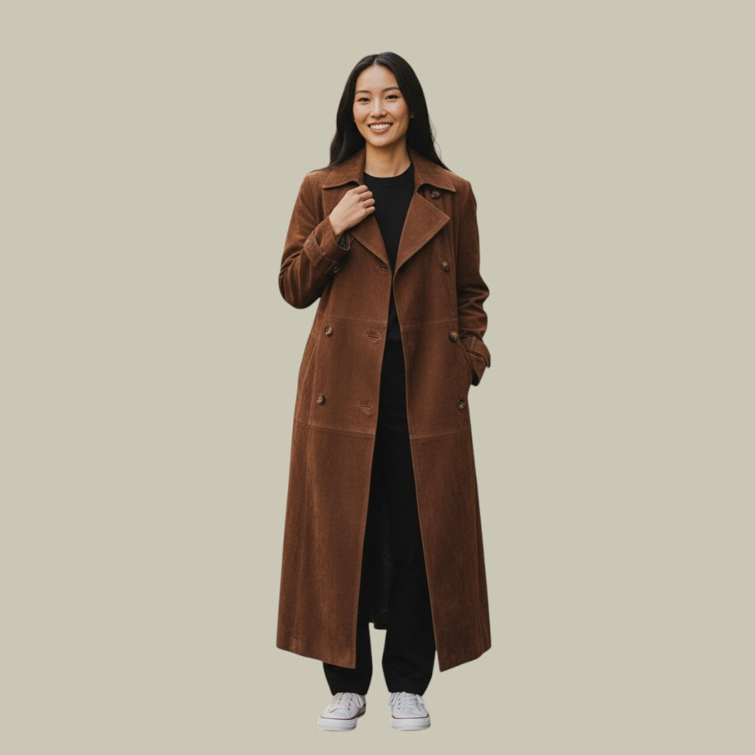 Womens Suede Trench Coat Long