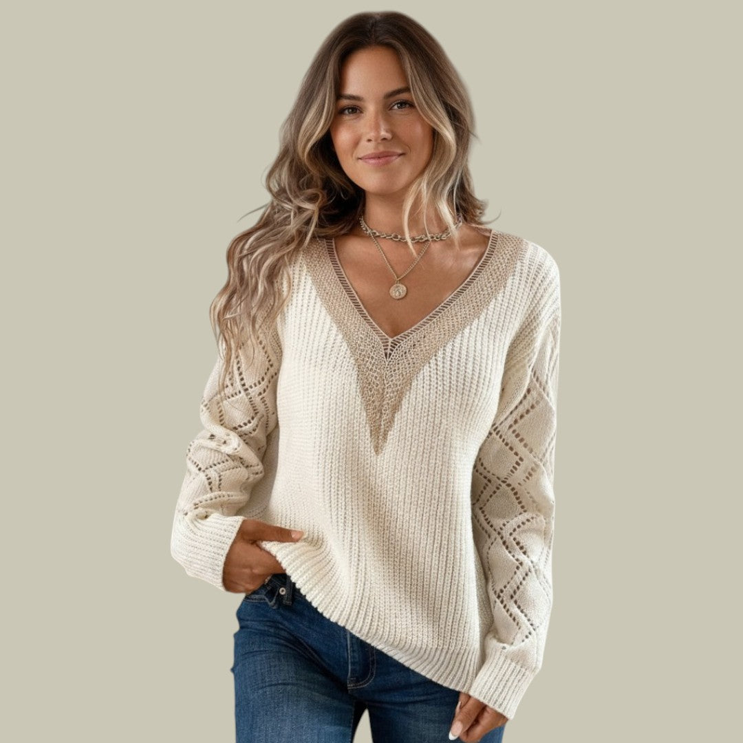 Womens Jumper V-Neck Knitted Beige