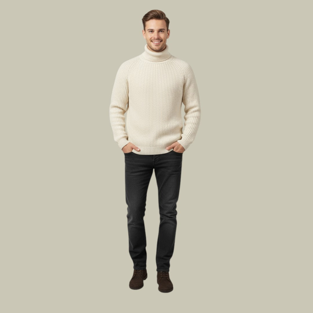 Mens Ribbed Turtleneck Sweater Beige