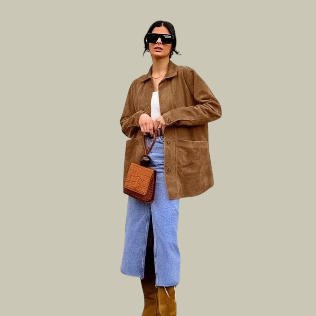 Womens Suede Jacket Long with Pockets