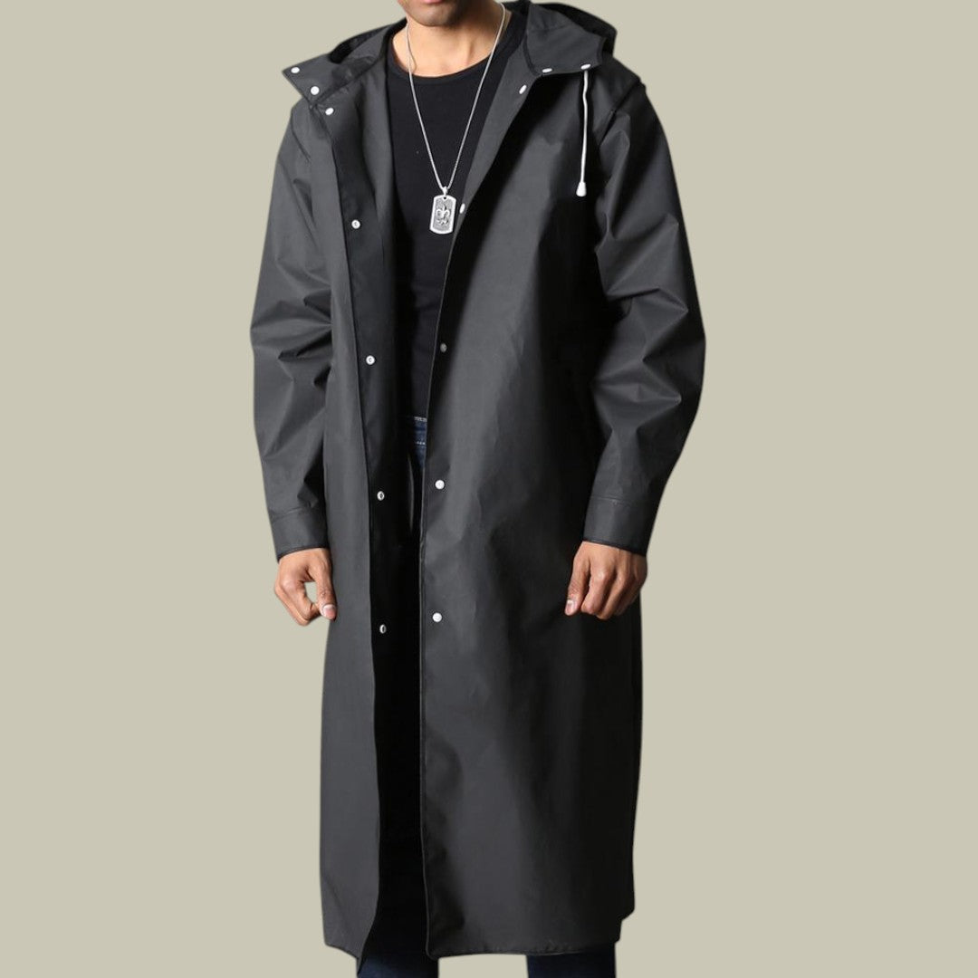 Mens Jacket Long Hooded Waterproof Rain Black