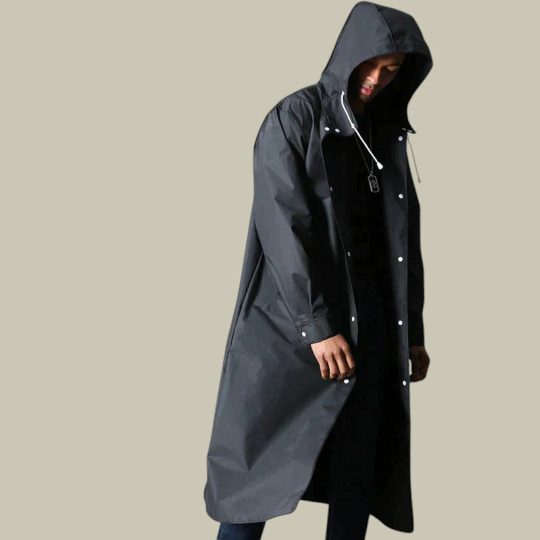Mens Jacket Long Hooded Waterproof Rain Black