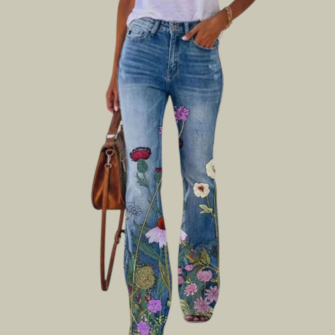 Womens Denim Jeans High Waist Floral