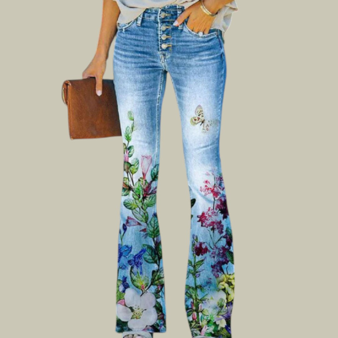 Womens Denim Jeans High Waist Floral