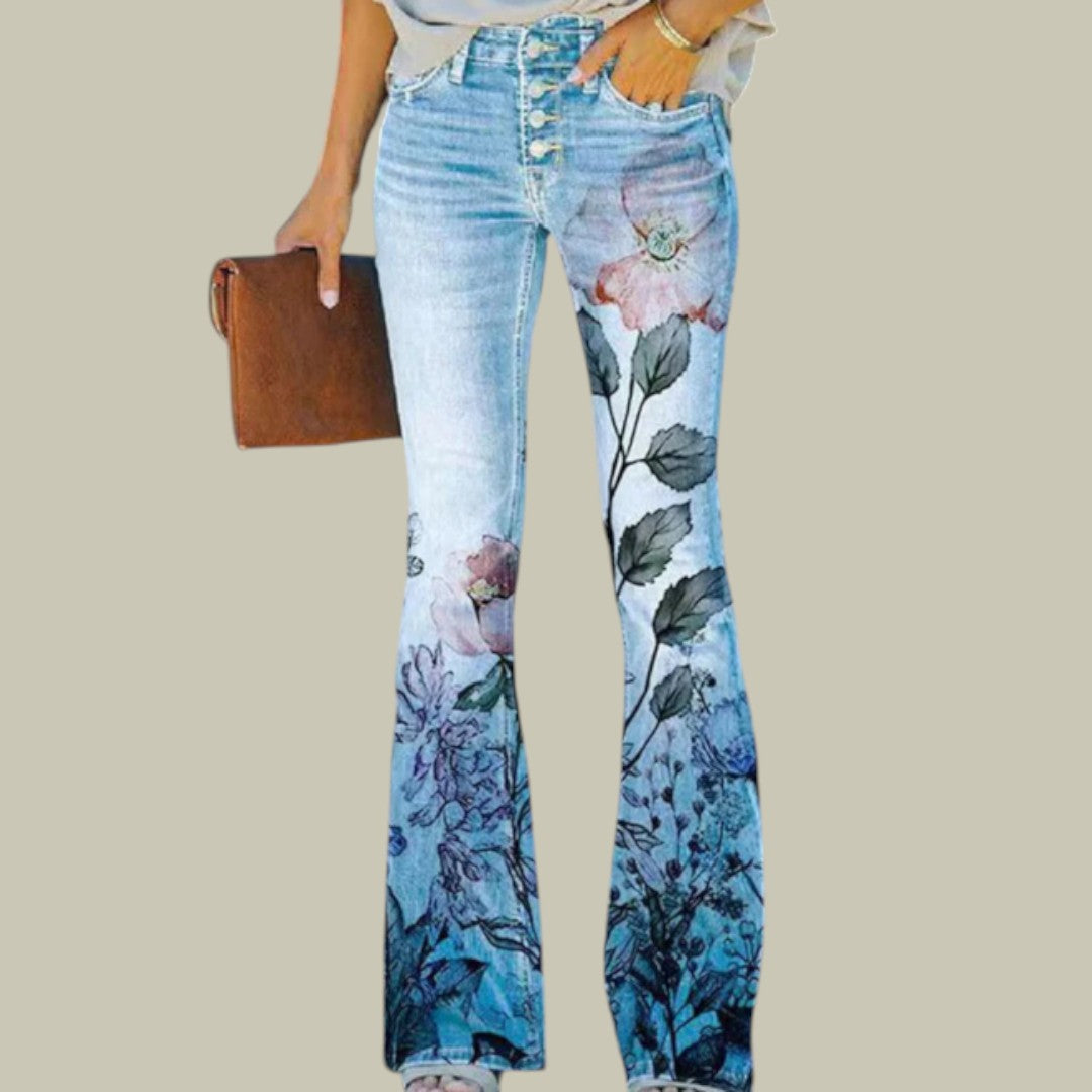 Womens Denim Jeans High Waist Floral