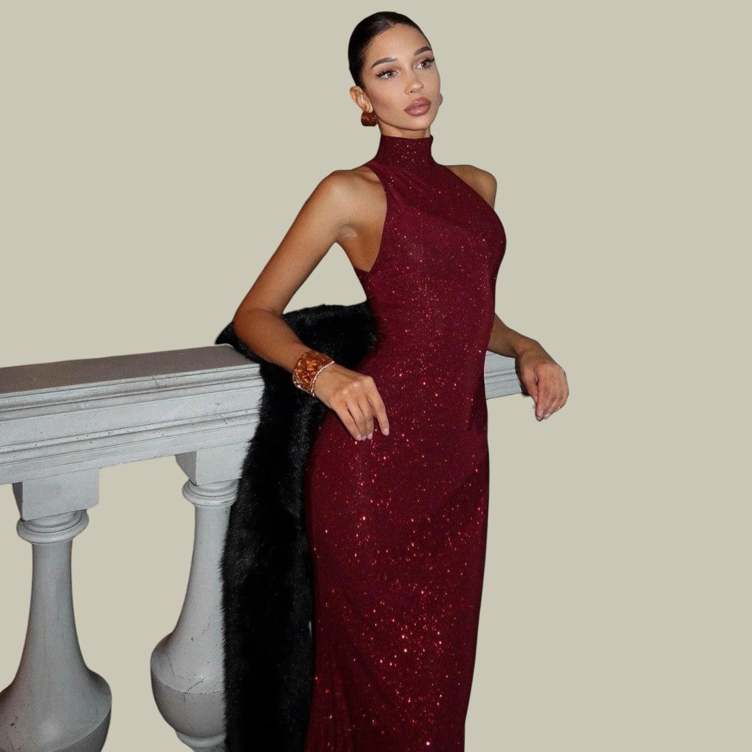 Womens Shimmering High Neck Maxi Dress