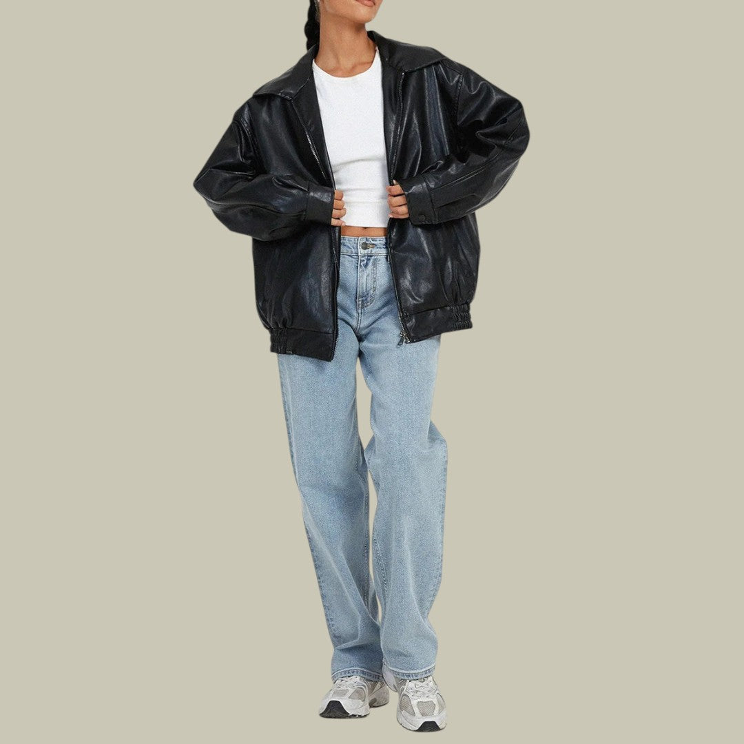 Womens Oversized Leather Bomber Jacket