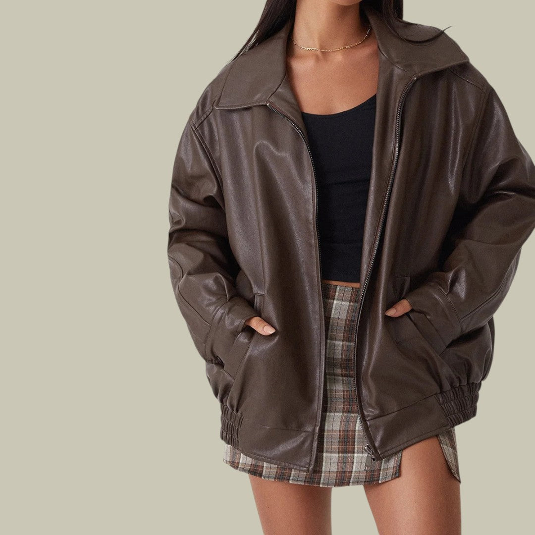 Womens Oversized Leather Bomber Jacket
