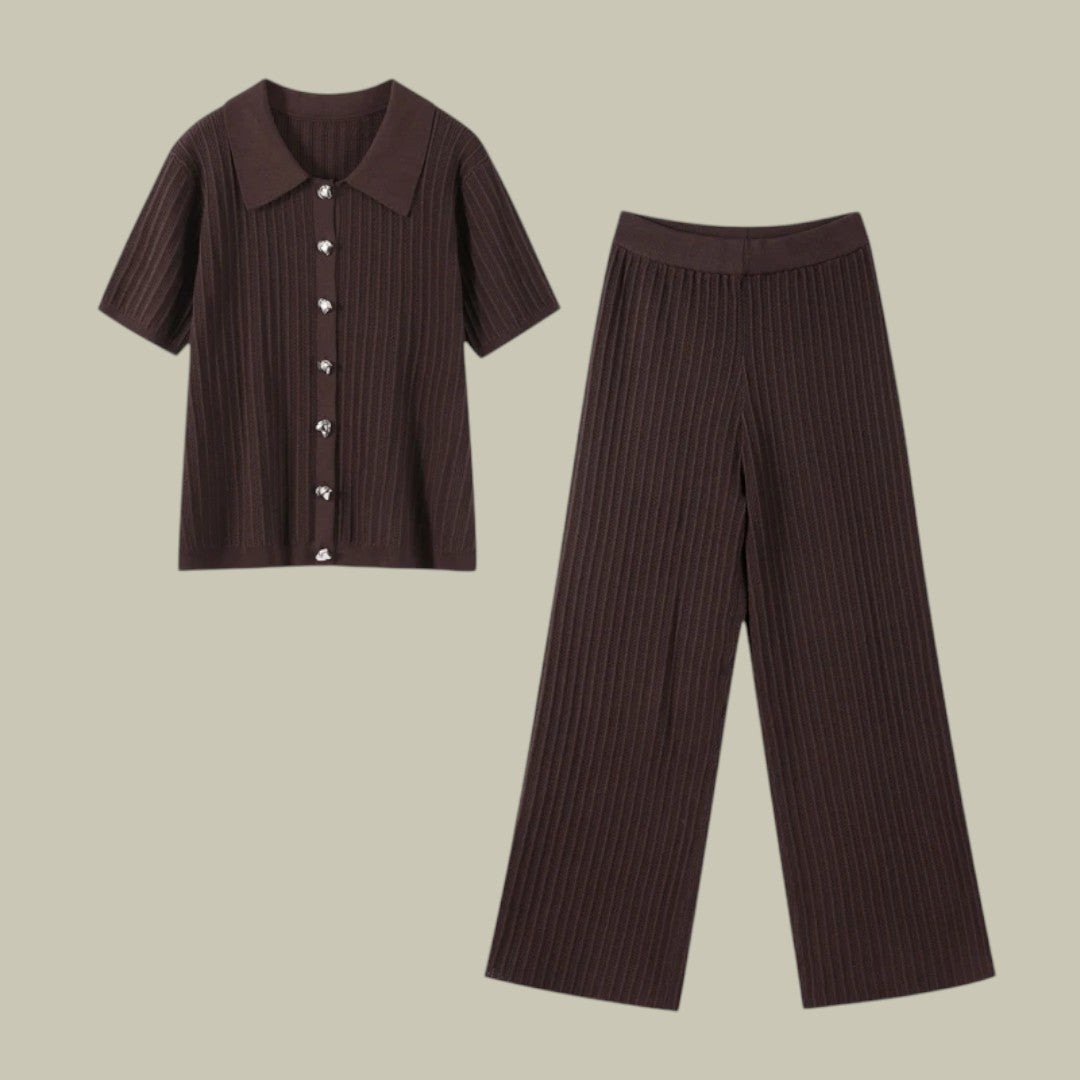 Womens Ribbed Two-Piece Set Brown