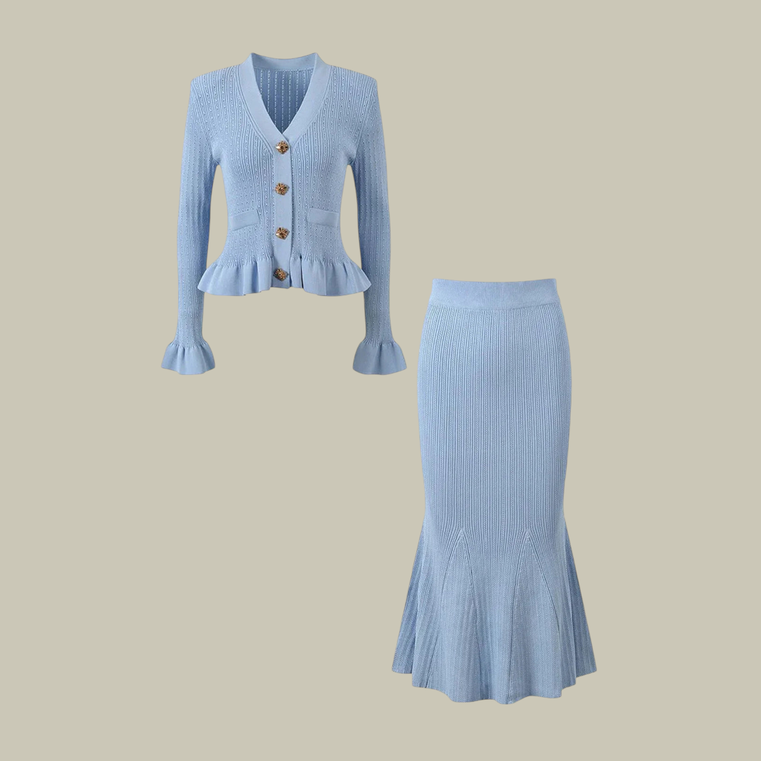 Womens Knit Button Top & Ruffle Skirt Set