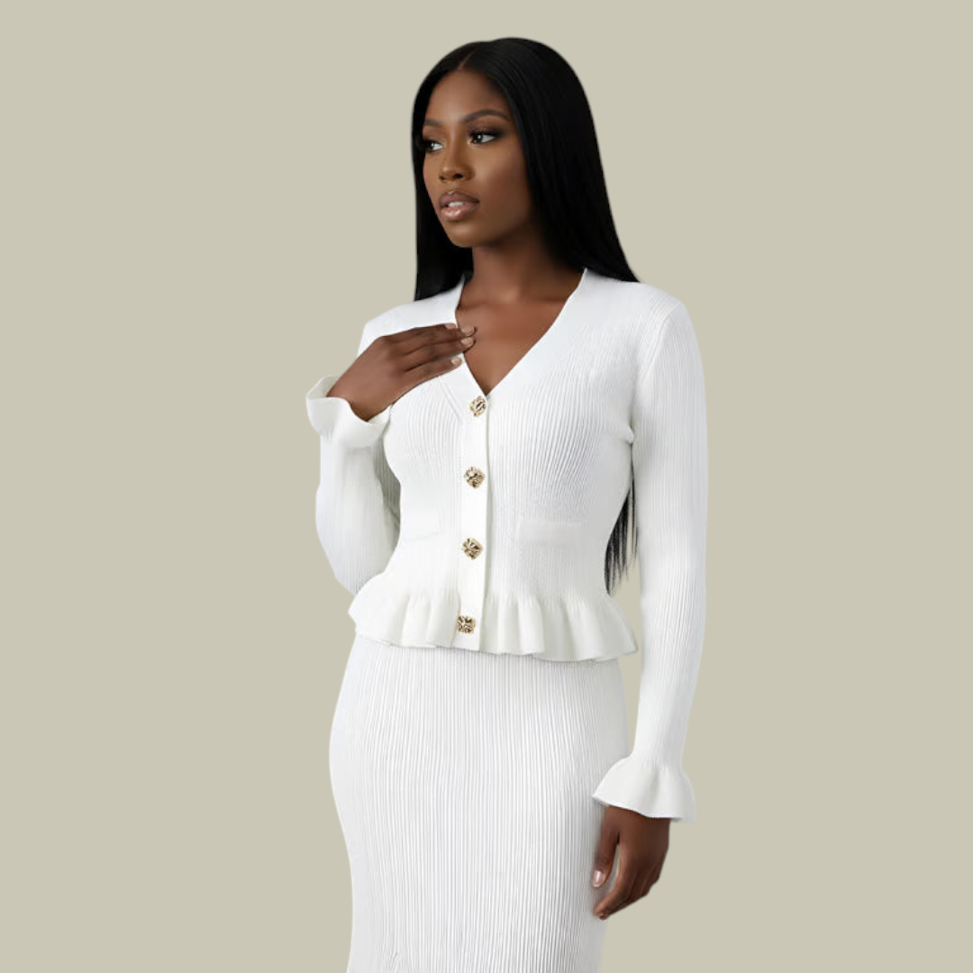 Womens Knit Button Top & Ruffle Skirt Set