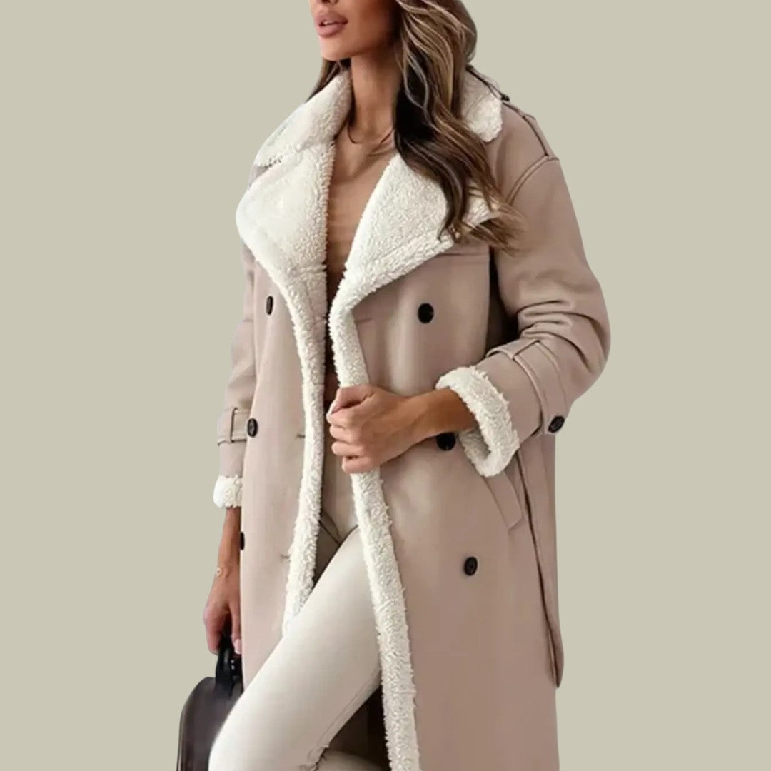 Womens Long Shearling-Lined Trench Coat