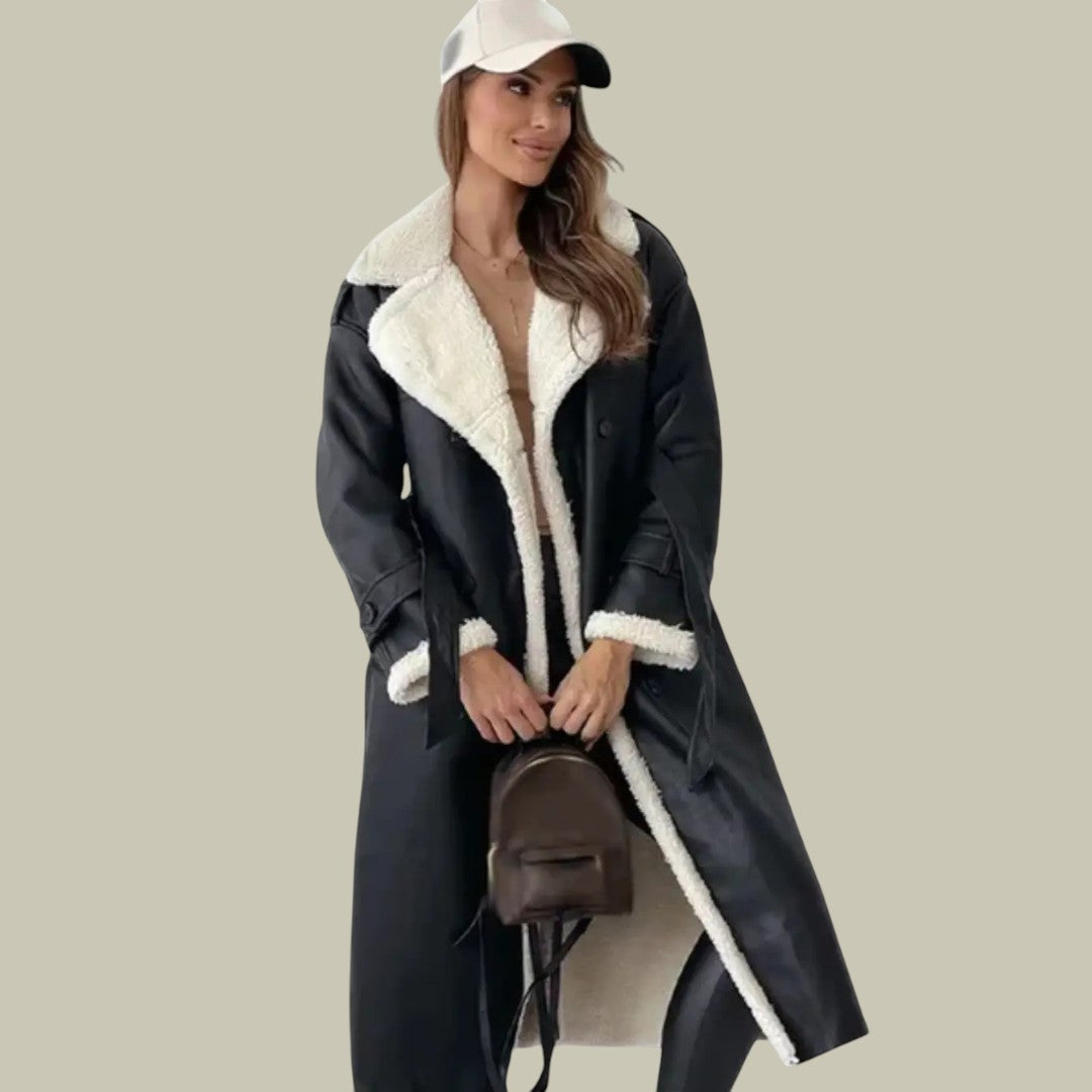 Womens Long Shearling-Lined Trench Coat